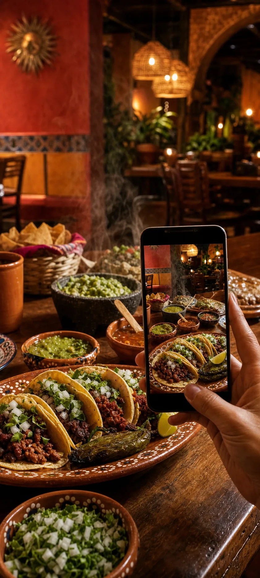 Tacos and salsas on a rustic table being filmed on a phone inside a warm restaurant